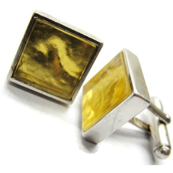 925 Sterling Silver Bisazza Yellow Marble Design Square Cufflinks Vintage - Picture 1 of 9